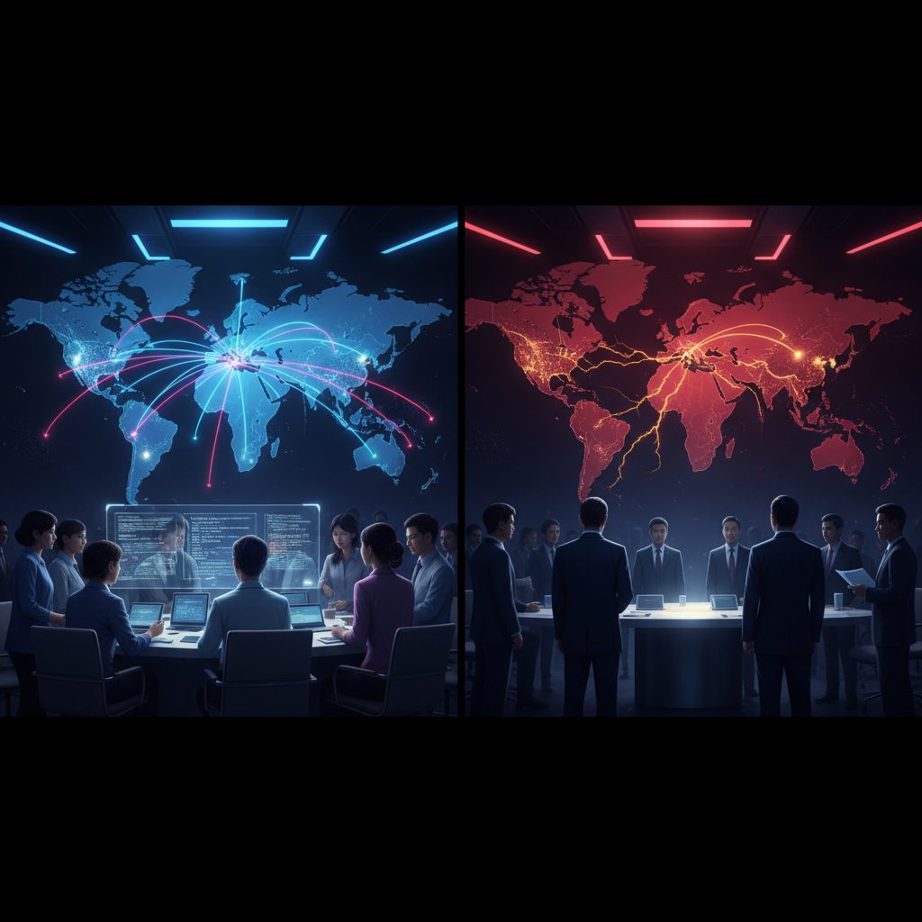 AI geopolitics visualization showing global data connections between US and China research communities