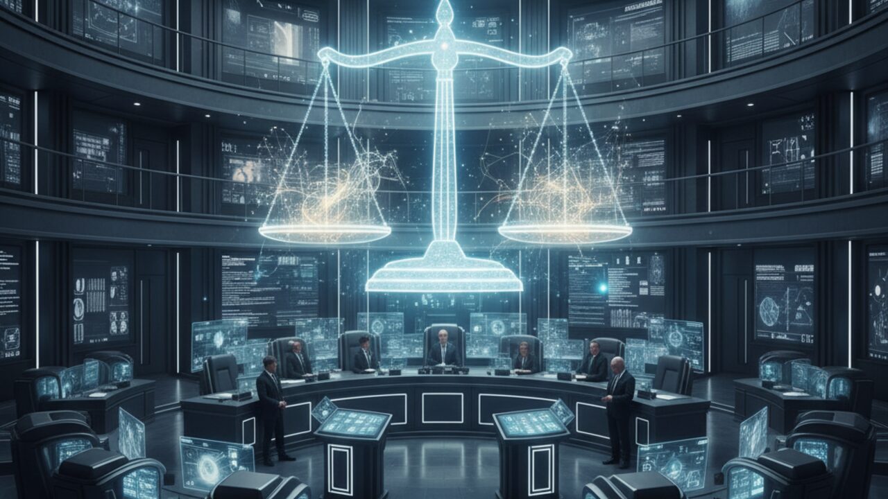 Federal courtroom with AI holographic scales of justice, representing the Anthropic supply-chain risk ruling