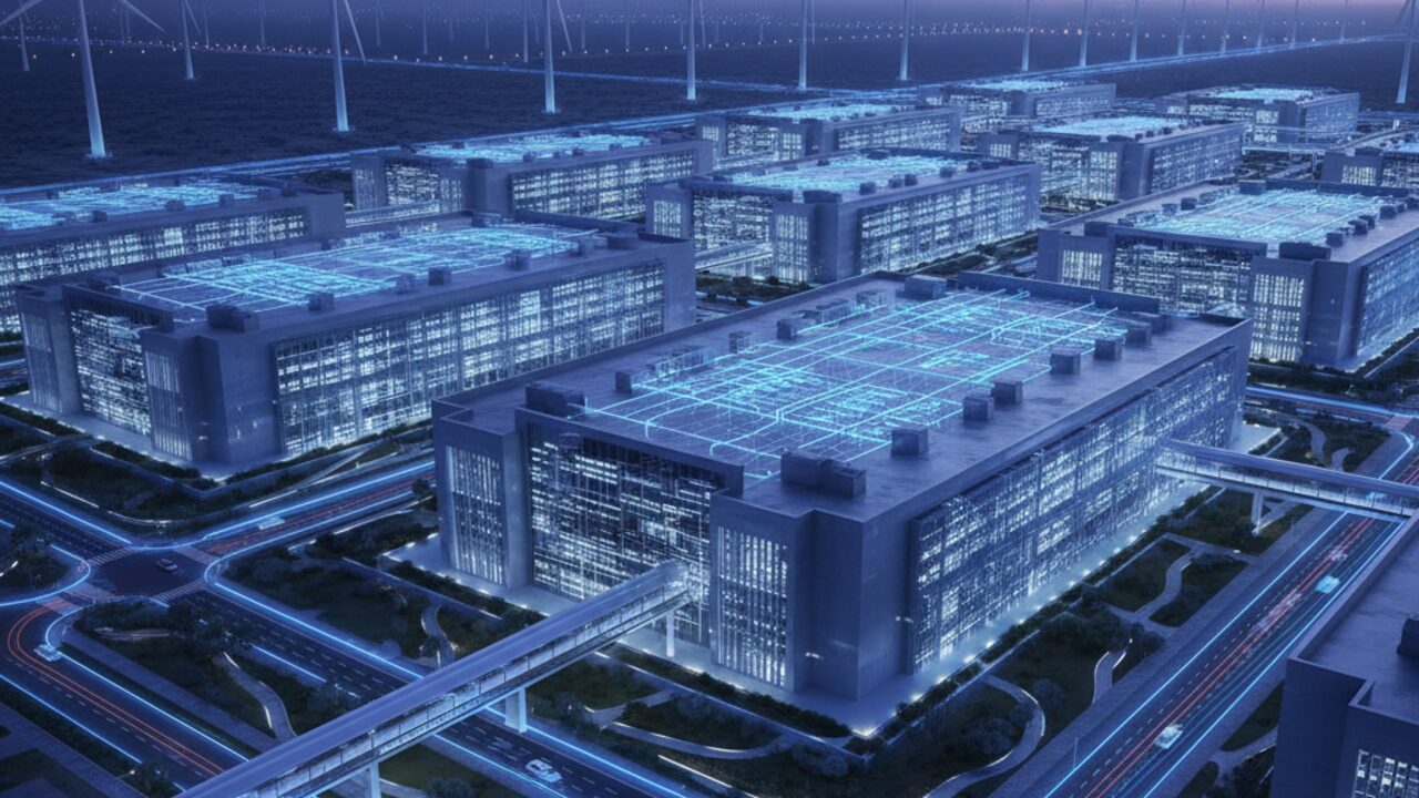 Massive data center complex at night with glowing energy grids symbolizing AI infrastructure power consumption