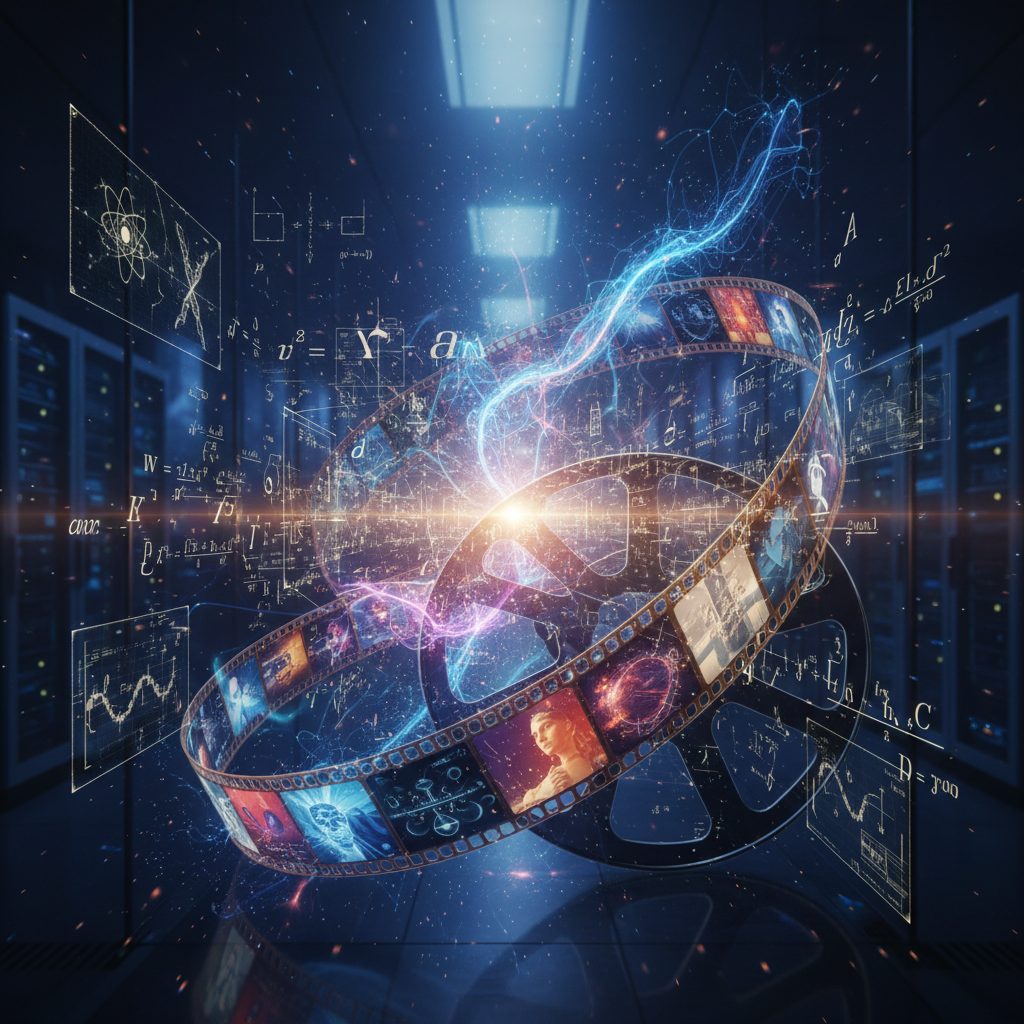 Glowing AI neural network merging with mathematical equations and film reel representing artificial intelligence in science and culture