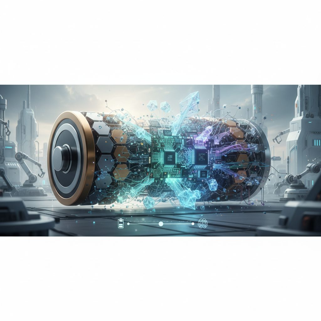 Futuristic battery cell transforming into glowing AI circuit board representing industrial pivot from energy storage to artificial intelligence materials discovery