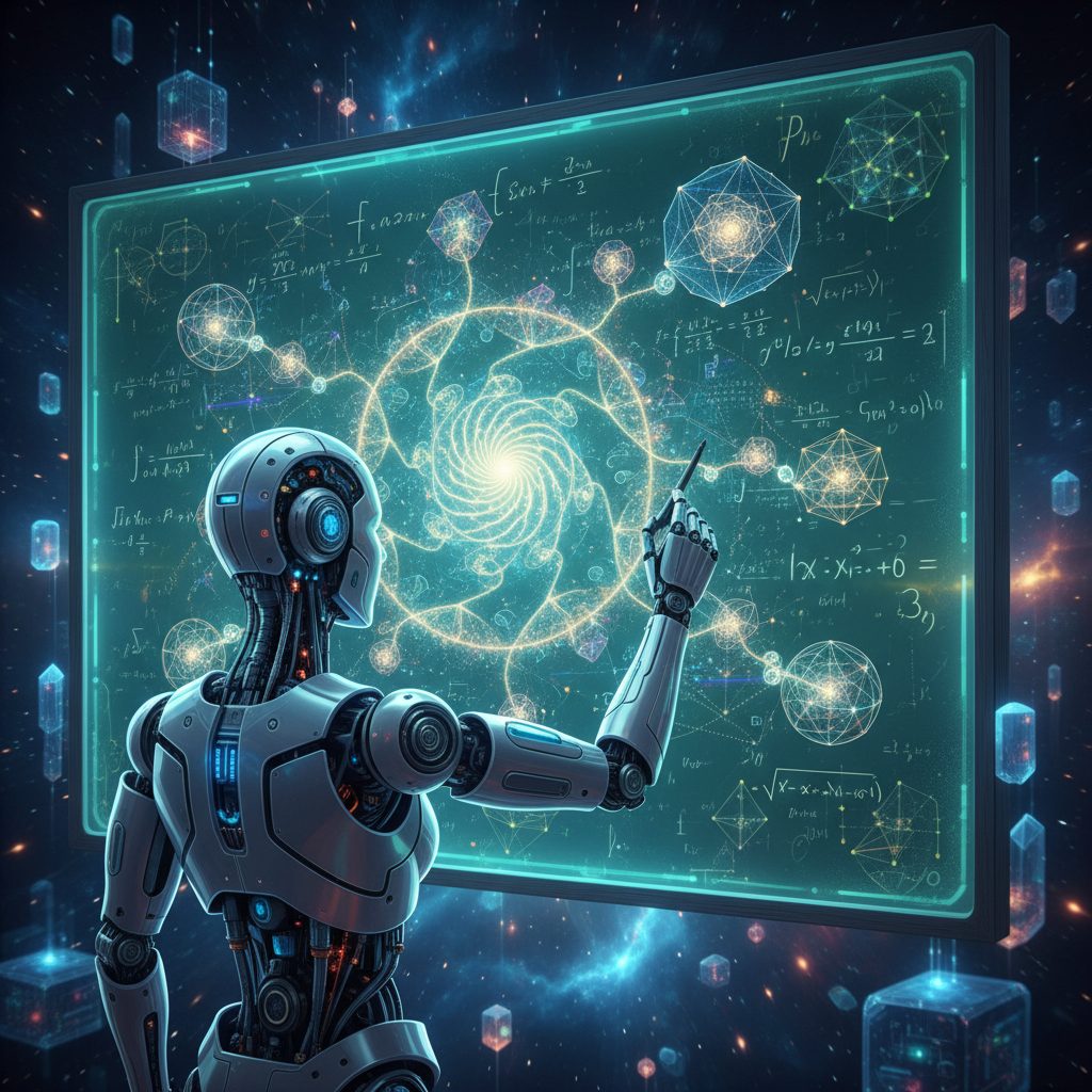 AI robot mathematician solving complex equations on holographic chalkboard, patterns emerging from abstract graph networks, mathematical discovery