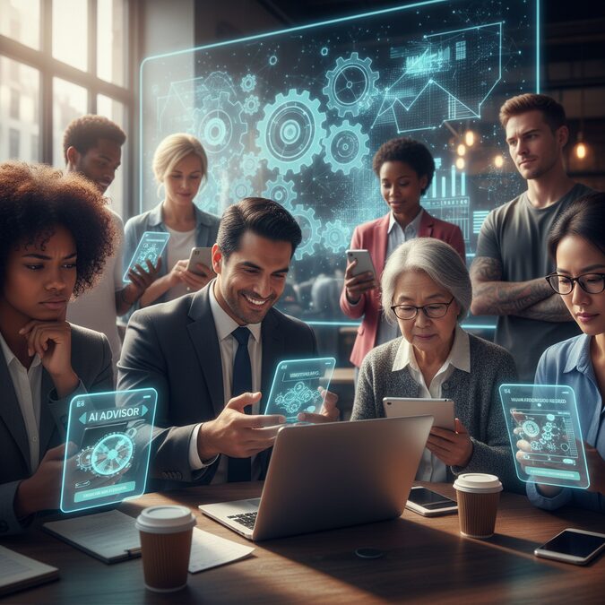 People using AI tools on smartphones and laptops, expressing skepticism and hesitation about AI results