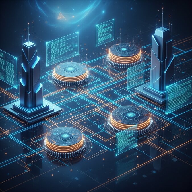 AI policy and technology ecosystem — neural networks connecting government, chips, and code