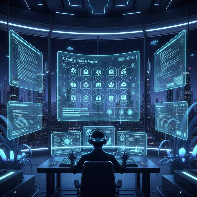 AI coding tools and plugin marketplace interface with floating code elements