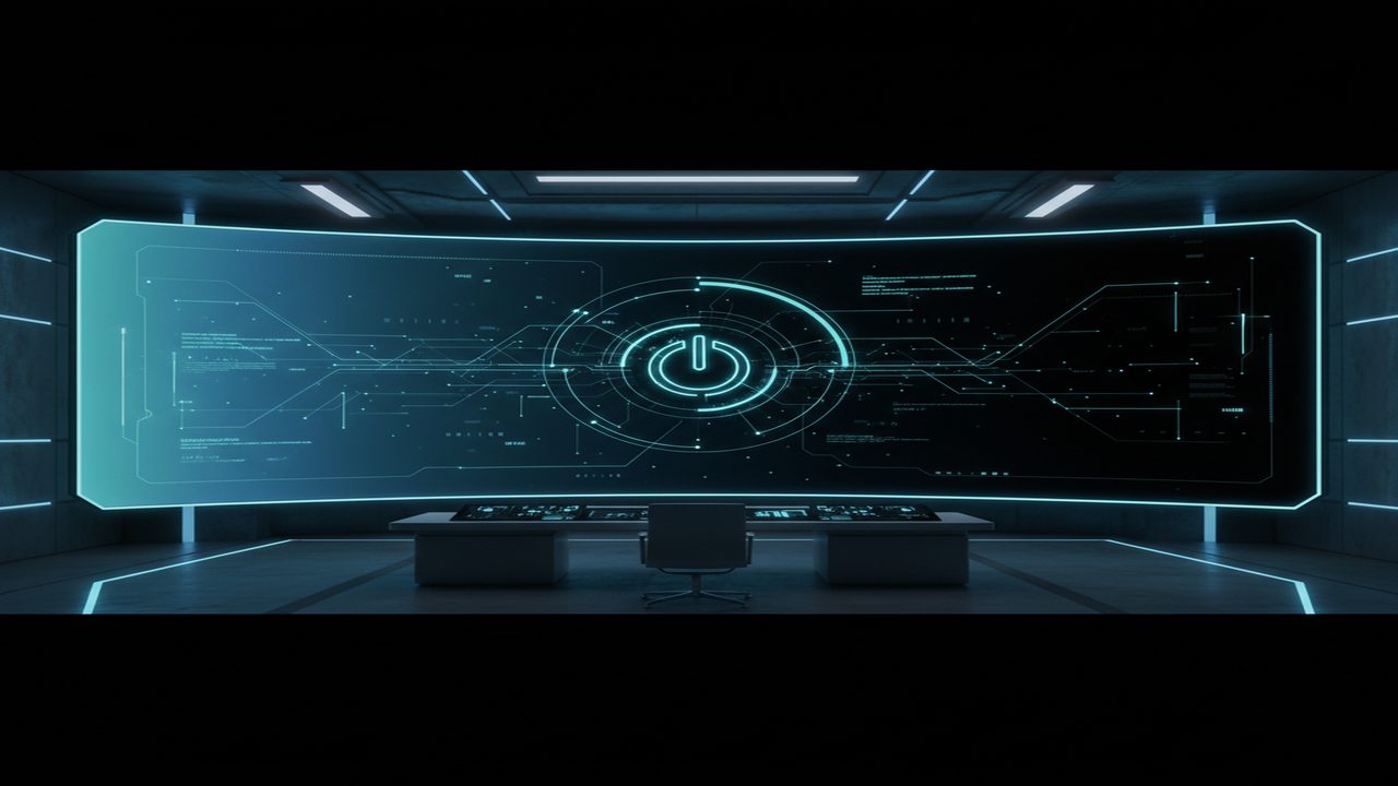 Futuristic AI video studio interface going dark in a dramatic shutdown visualization