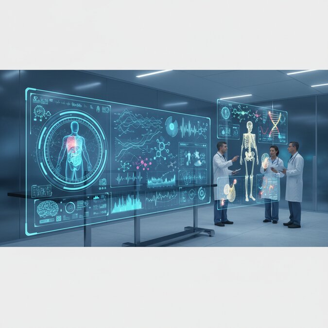 AI healthcare technology dashboard with patient analytics and medical holograms