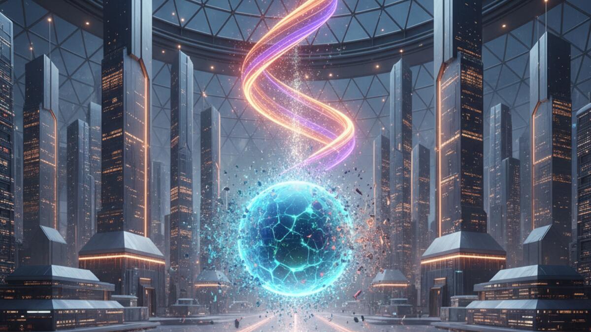 Futuristic AI company headquarters with shifting digital strategy visualized on holographic displays