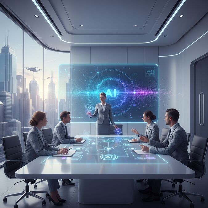 Futuristic boardroom scene depicting OpenAI strategic shift away from Sora video product toward enterprise AI focus