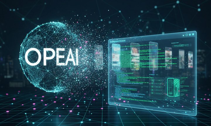 OpenAI logo dissolving as video reels fade and enterprise coding terminal glows on screen