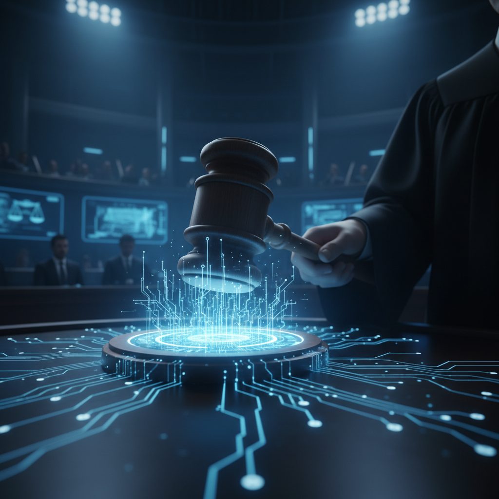 Federal court gavel with glowing AI neural network representing Anthropic legal ruling