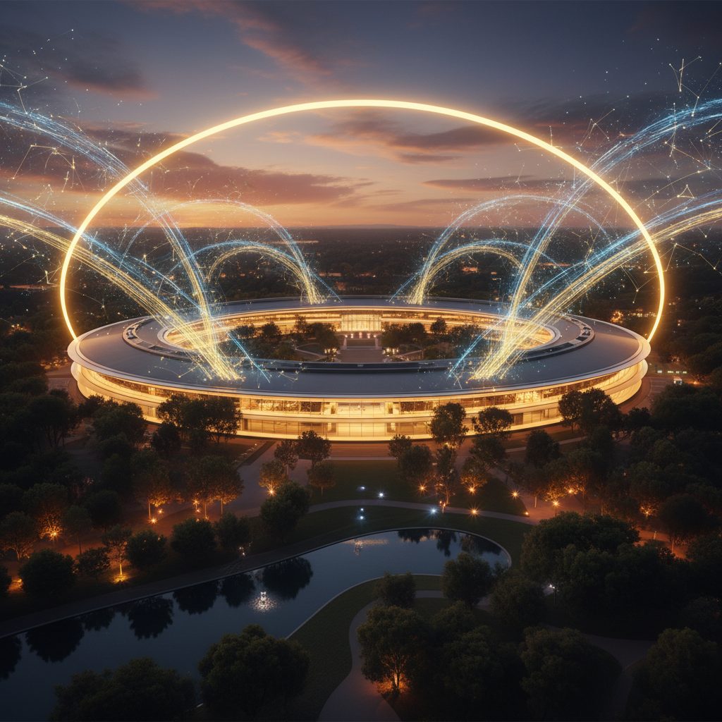 Apple campus at dusk with AI digital neural network streams flowing outward