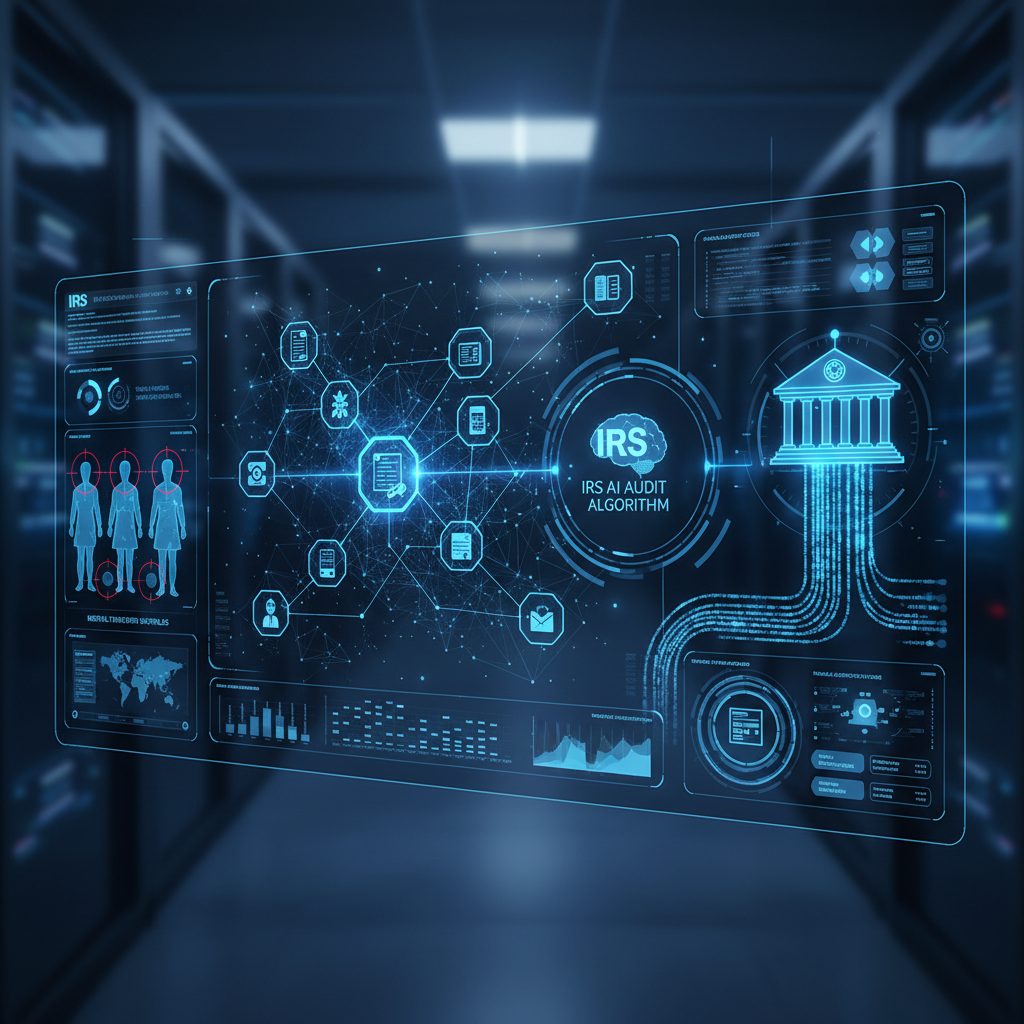 IRS AI audit algorithm interface with glowing data nodes connecting financial records to government computers, digital targeting visualization