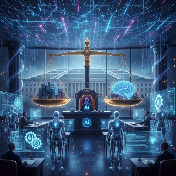 Courtroom with AI symbols and Pentagon building, scales of justice with neural network motif