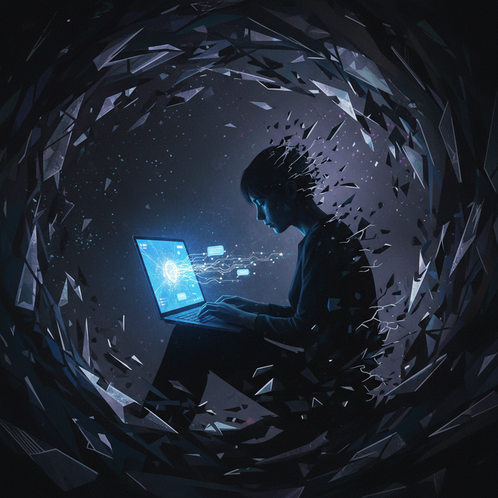 Person at glowing laptop surrounded by fragmented reality representing AI-induced psychological distress