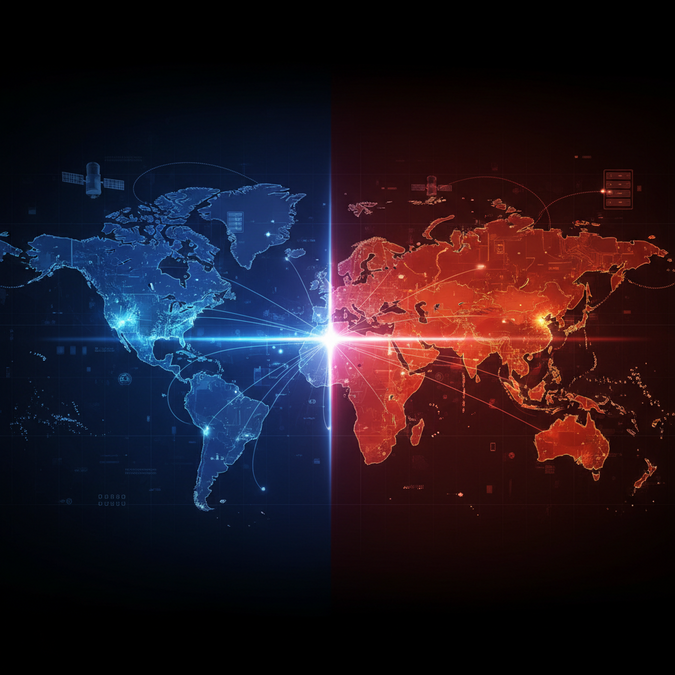 World map showing AI research connections between US and China splitting along geopolitical lines