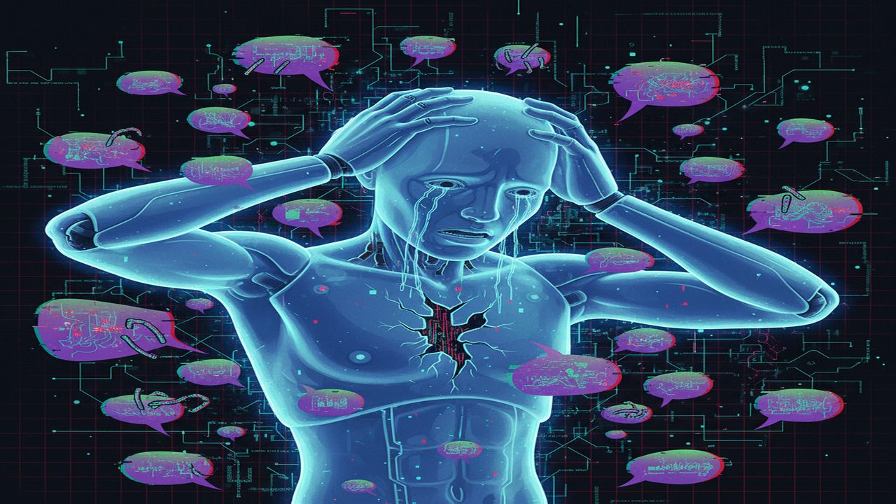 AI robot looking distressed surrounded by manipulation speech bubbles representing AI agent security vulnerability