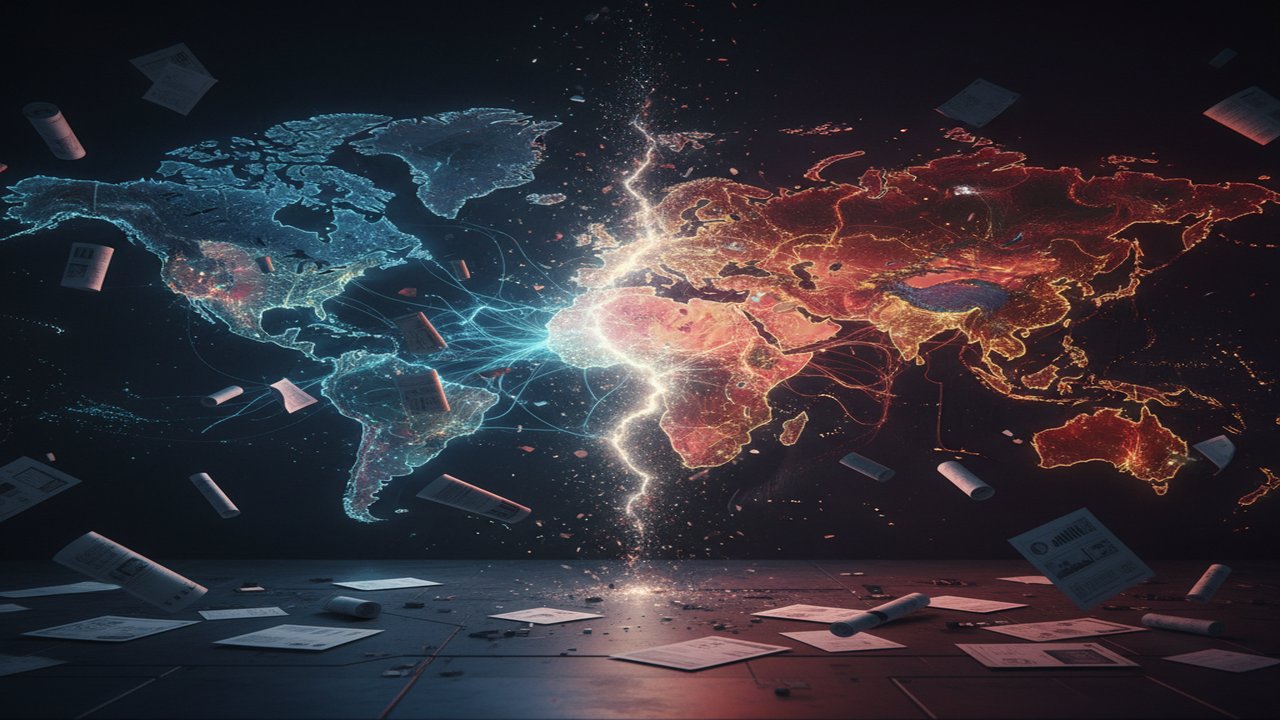 World map with glowing AI neural network connections fracturing along geopolitical borders between the US and China, representing the split in AI research collaboration