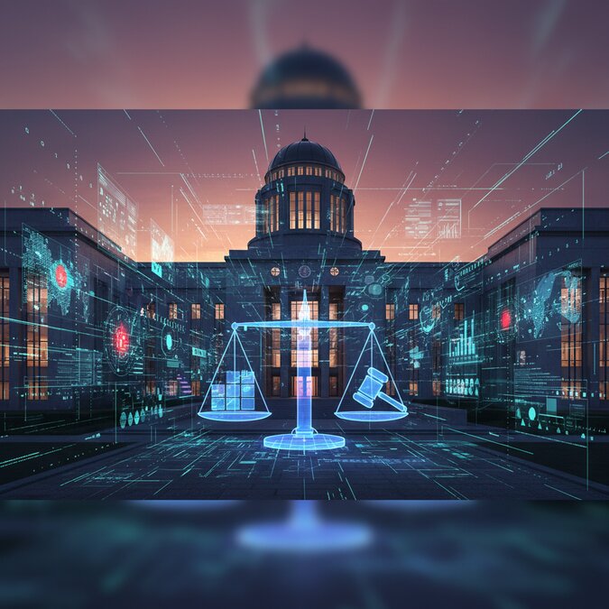 Government building with digital data streams and AI analytics visualization