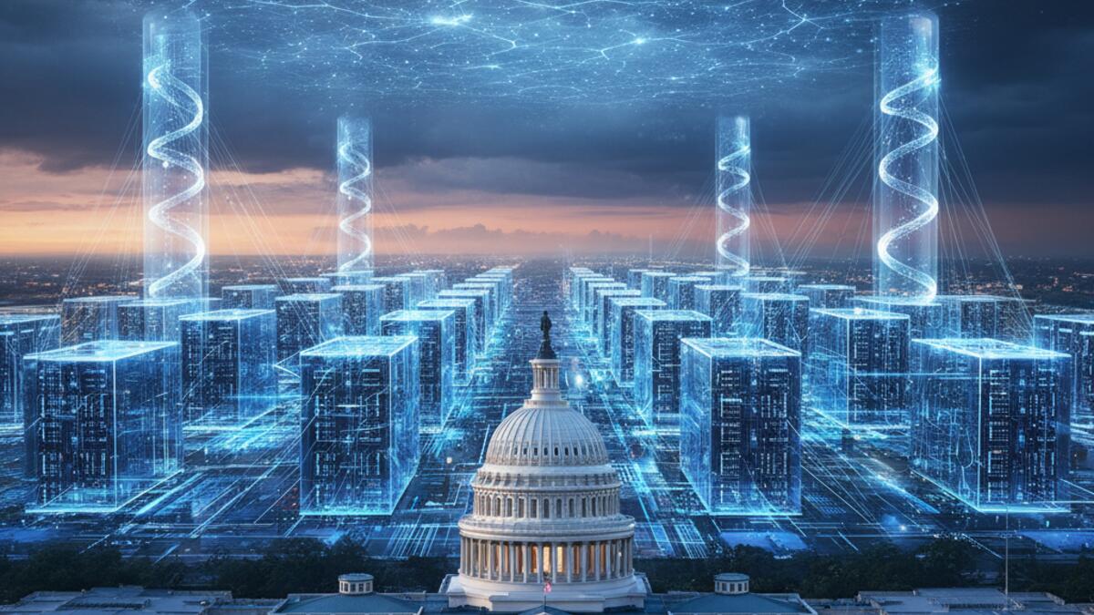 US Capitol building with futuristic AI data center and server infrastructure visible in background, where policy meets technology