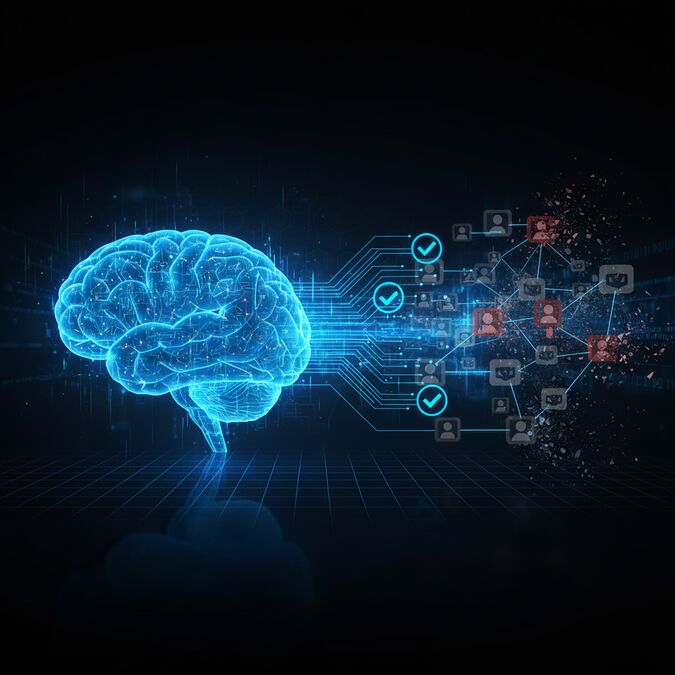 Digital brain scanning social media accounts separating human users from AI bots with glowing verification badges