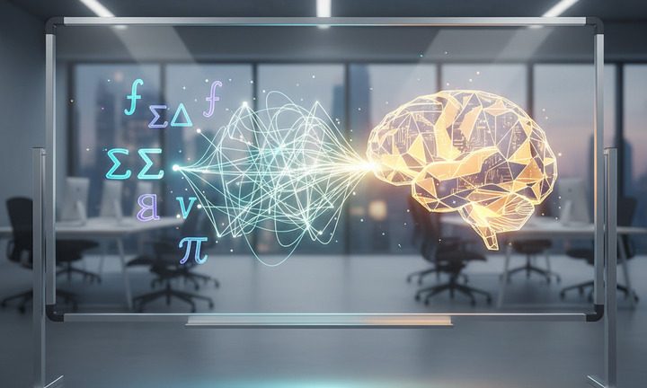 Futuristic AI brain connected to mathematical symbols by glowing lines, minimalist tech illustration