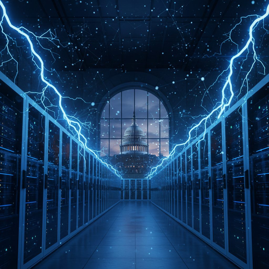 Massive AI data center server rows with energy usage visualization and Capitol building silhouette
