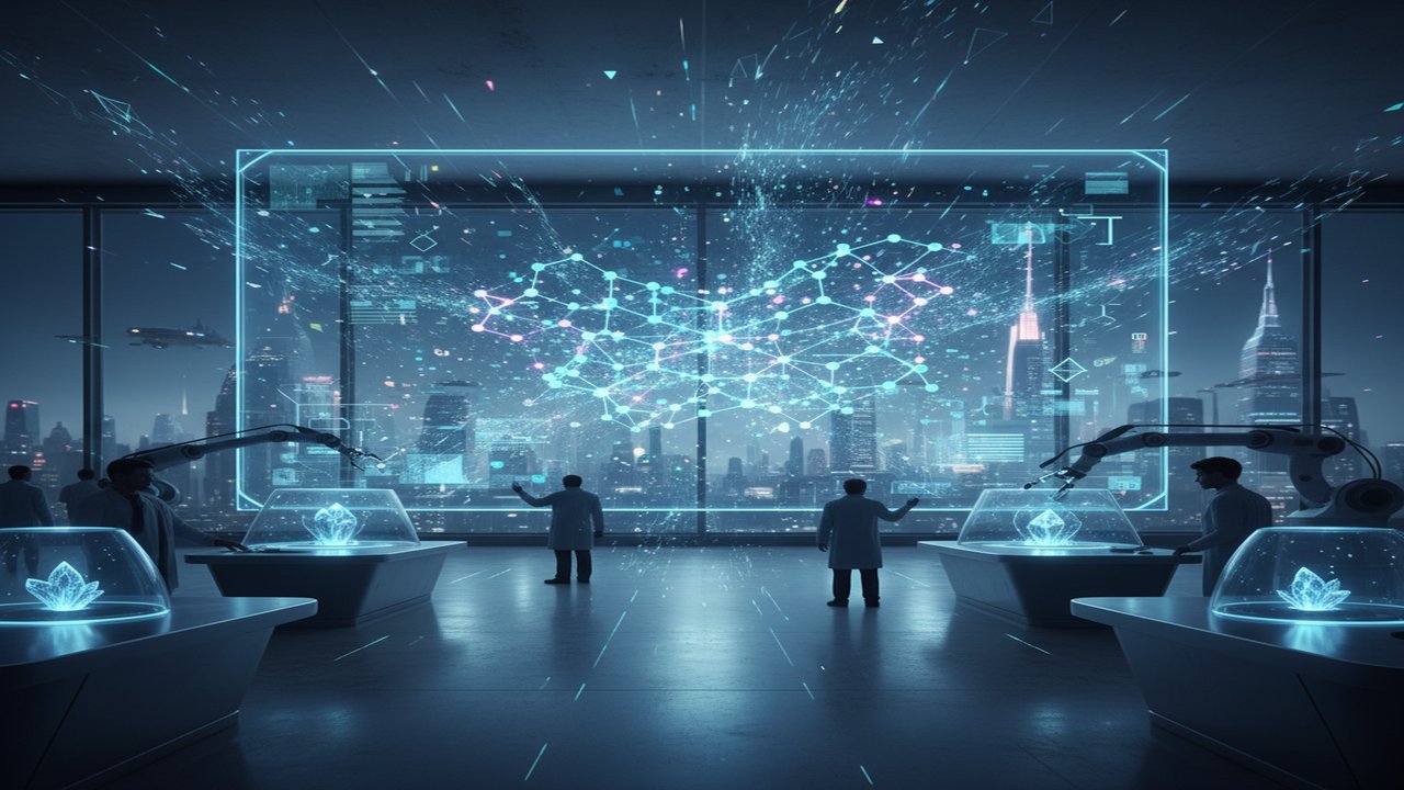 Futuristic AI materials discovery visualization with glowing molecular structures and data streams in a laboratory