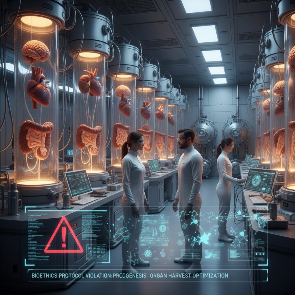 Futuristic biotech lab with human organ cultivation tanks glowing amber, synthetic biology research in sterile sci-fi lab environment
