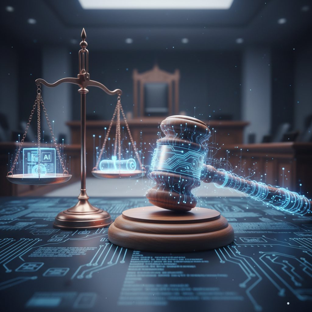 Scales of justice with AI neural network circuits symbolizing AI regulation