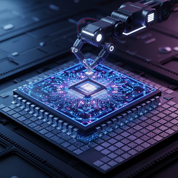 Futuristic AI semiconductor chip with glowing circuit traces and robotic assembly arm