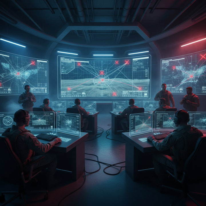 AI-powered military command center with drone strike coordinates on surveillance screens