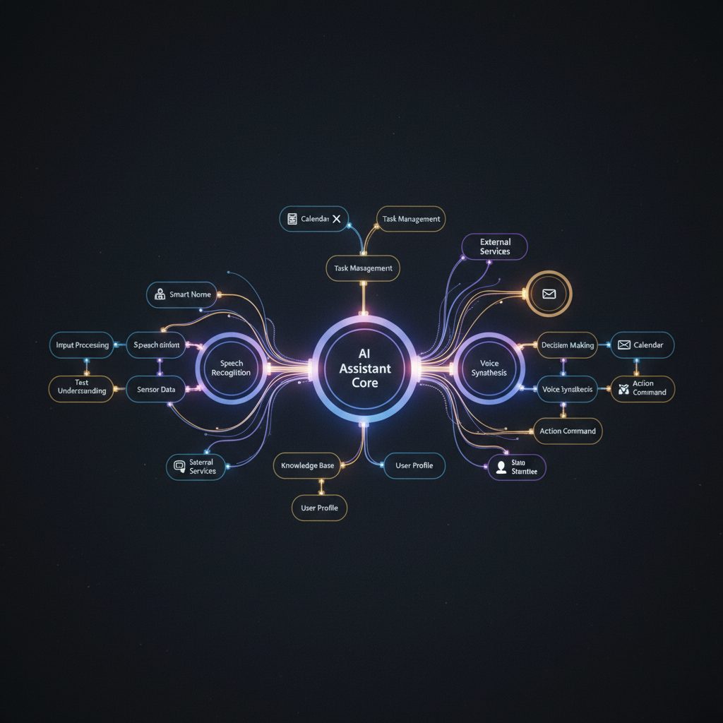Visual flowchart showing an AI assistant automation workflow with interconnected nodes and glowing data paths