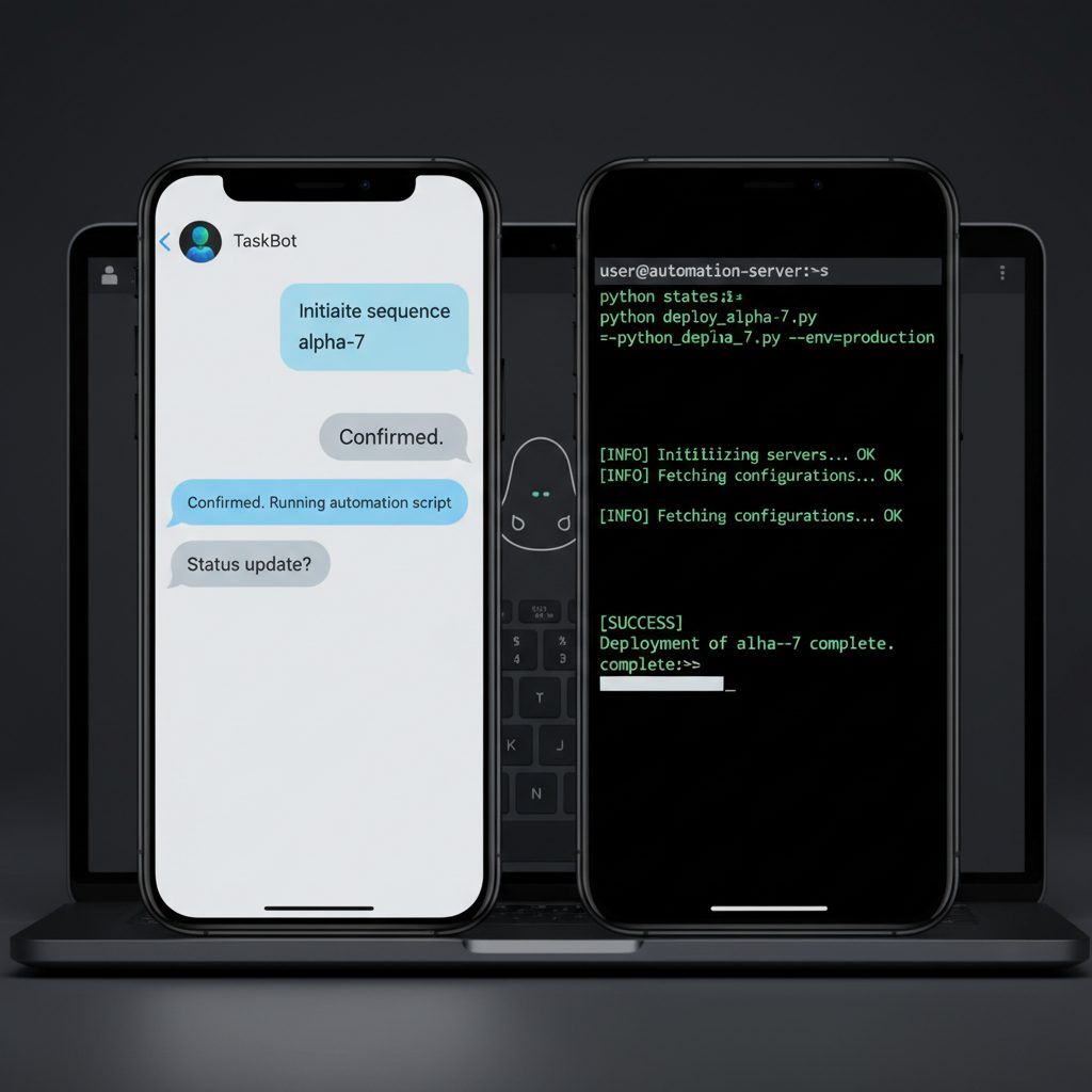 Smartphone chat interface alongside a laptop terminal running OpenClaw automation commands