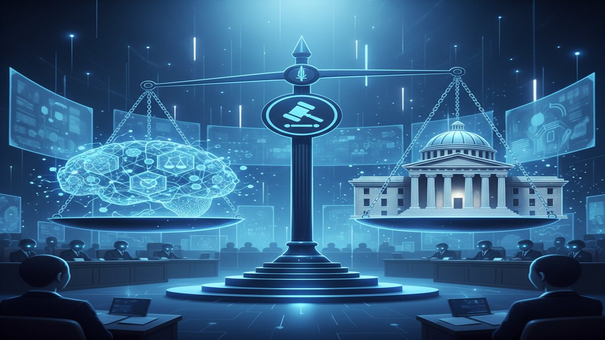 AI policy and legal battles illustrated as a balance scale with neural network and government building