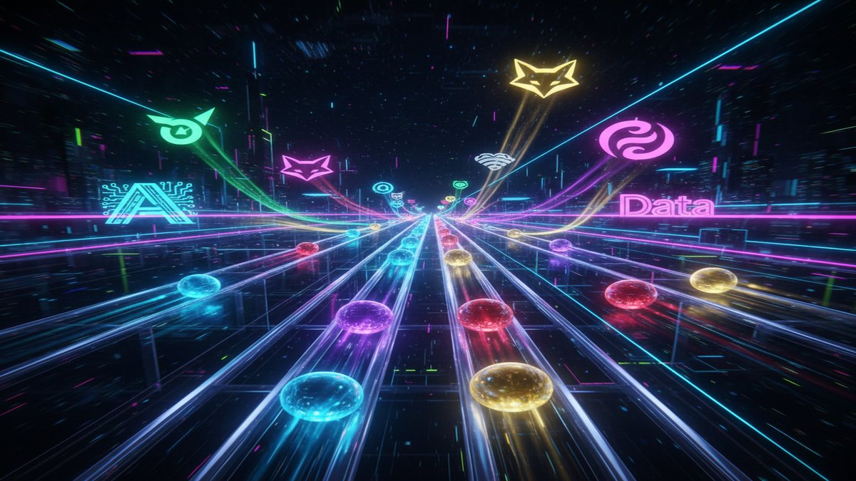 Competing AI models visualized as glowing orbs racing on a futuristic circuit track with neon accents