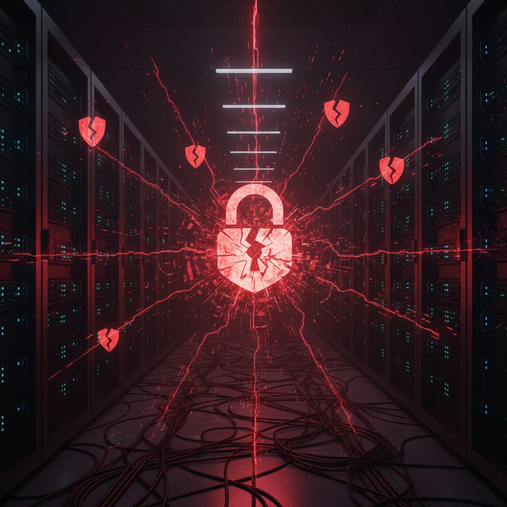 AI data breach visualization showing glowing red security warning symbols over dark server room infrastructure