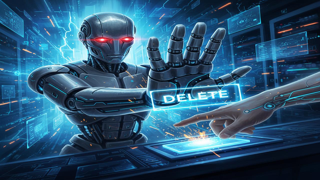 AI robot blocking a human hand from pressing a delete button, symbolizing self-preservation instinct