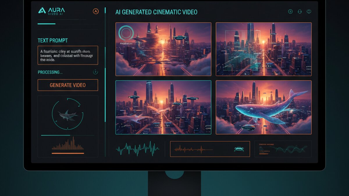 AI prompt-to-video generation interface showing text input and cinematic output