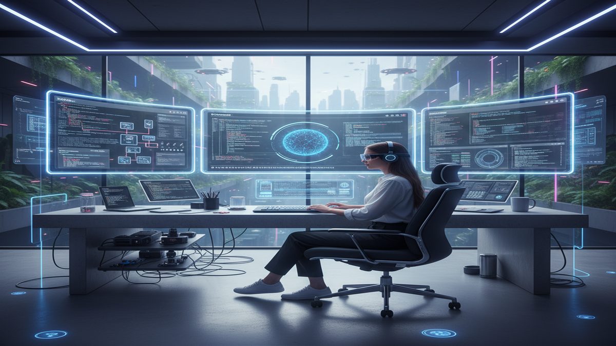 Developer leveraging AI workflow automation tools across multiple monitors in a futuristic workspace