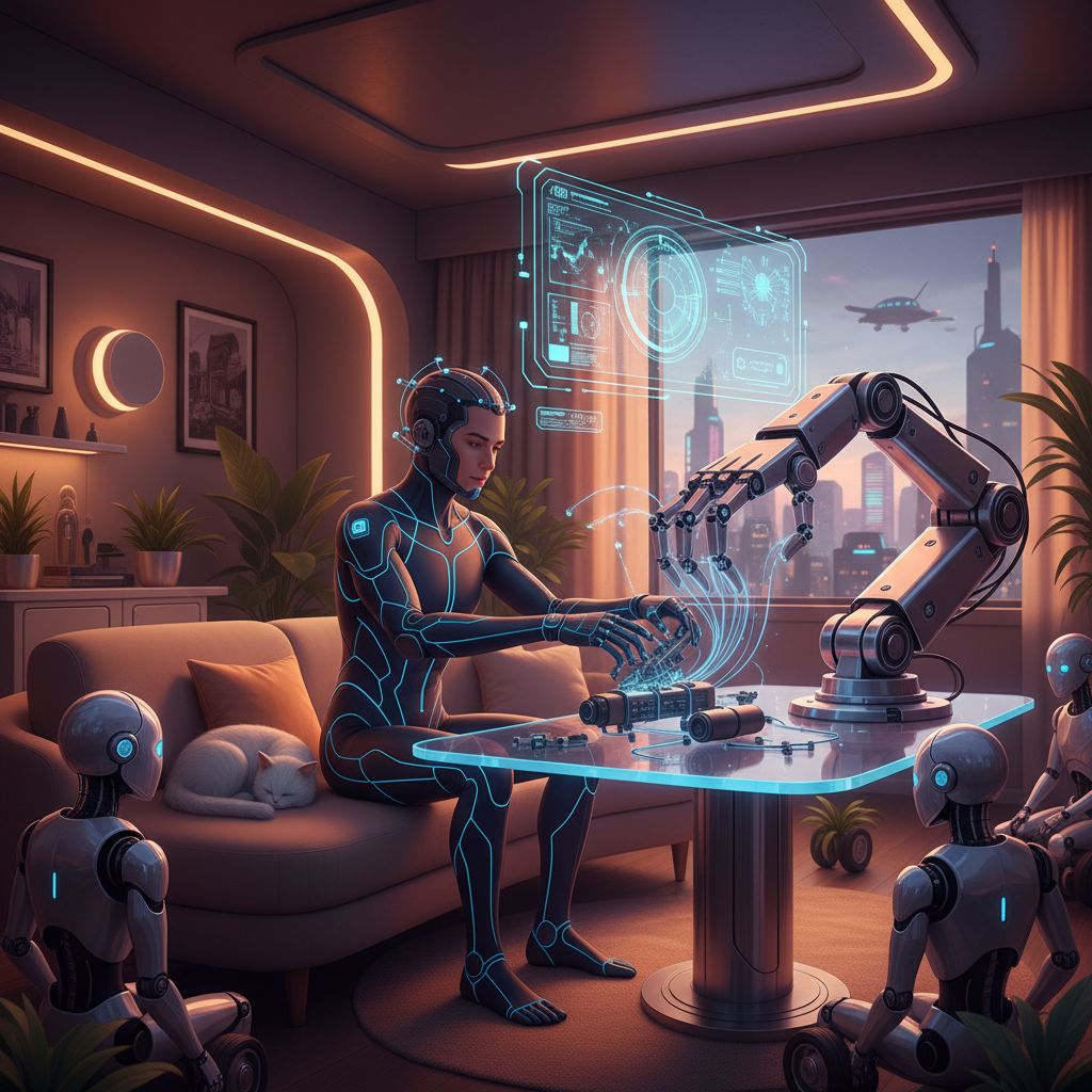 Person in motion capture suit training a humanoid robot arm in a home apartment setting with futuristic warm lighting