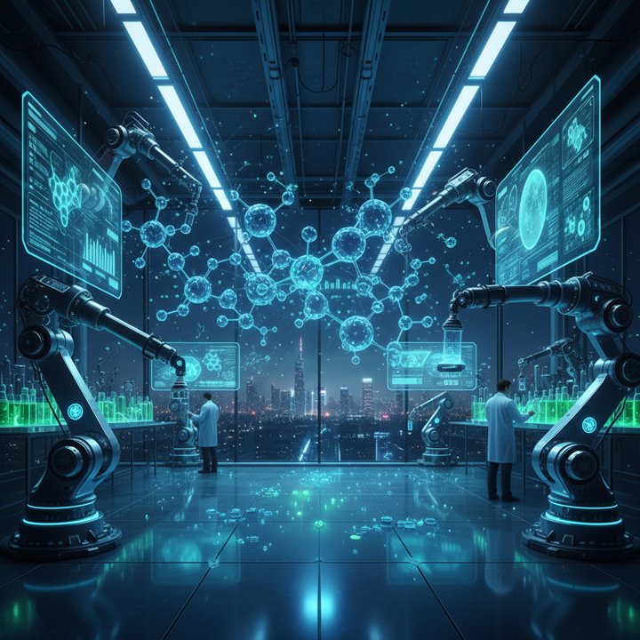 AI-powered drug discovery laboratory with glowing molecular structures and robotic analysis