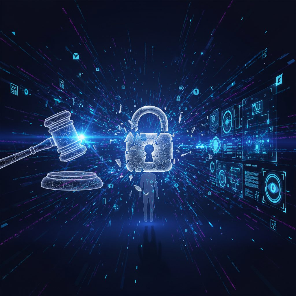 Digital privacy concept showing broken padlock, data streams and AI interface overlays