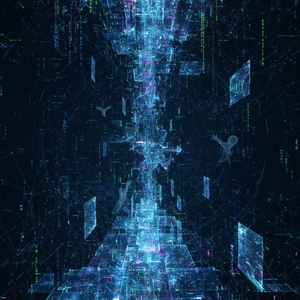Abstract visualization of leaked AI system prompts as glowing code fragments in dark cyberspace