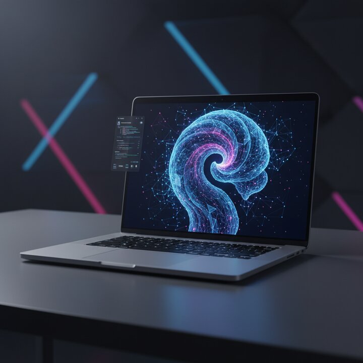 MacBook Pro with AI neural network visualization on screen representing local model inference on Apple Silicon