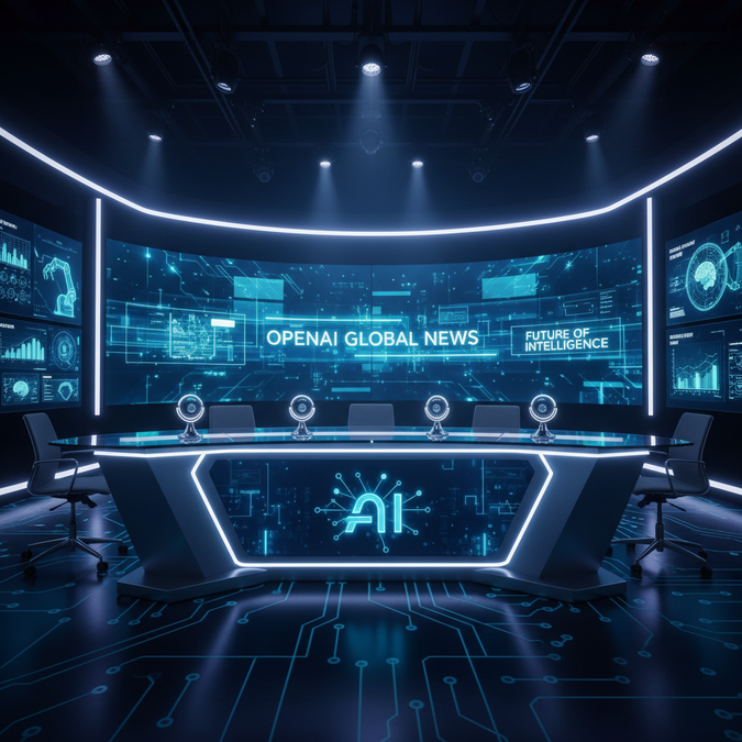 OpenAI media strategy acquisition futuristic broadcast studio with screens and microphones