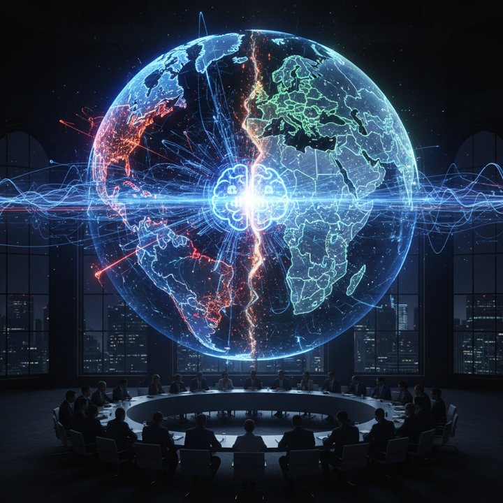 Digital globe split by AI data streams and geopolitical borders representing East-West AI research tensions