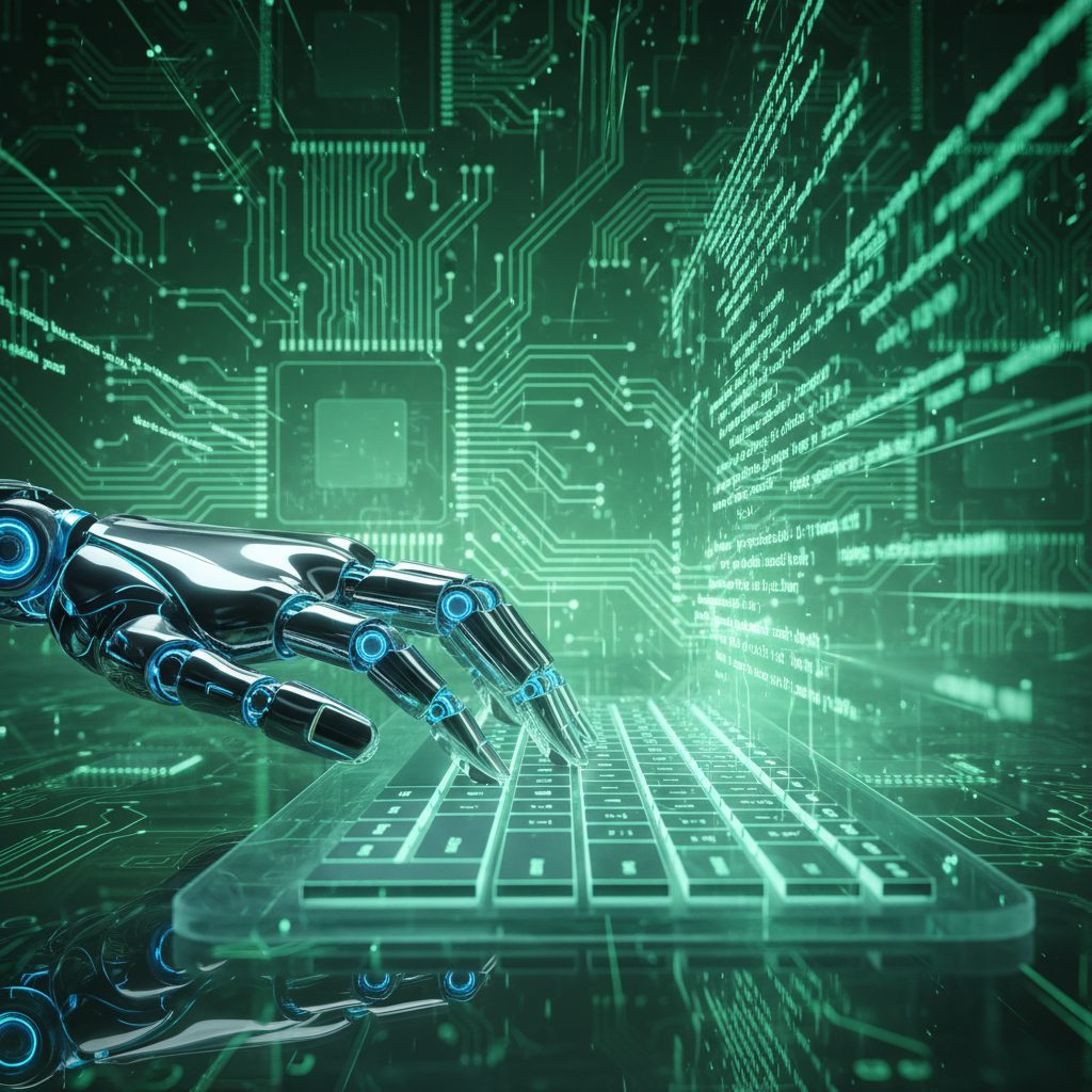 AI coding agent with glowing code lines and robot hand on futuristic keyboard
