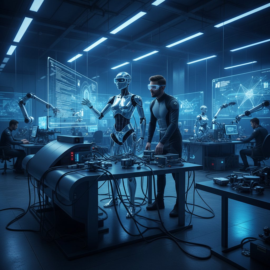 Humanoid robot being programmed in a futuristic research lab representing embodied AI development