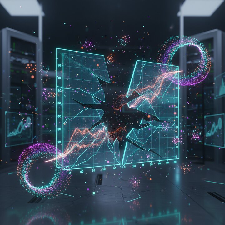 Abstract visualization of AI evaluation benchmarks with scattered data points and fractured metric graphs representing broken measurement frameworks